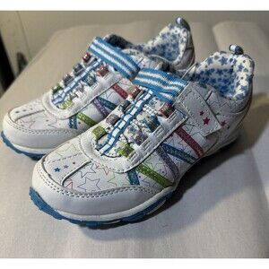 GIRLS SHOES Danskin Now ATHLETIC White w/ Purple Green Aqua Pink Stripe Sz 13